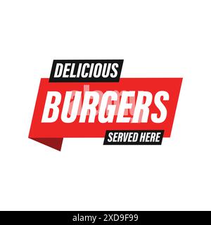 Deliziosi hamburger serviti qui, etichetta Illustrazione Vettoriale
