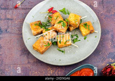 Spiedini con tofu di soia arrosto sul piatto. Grigliate vegetariane. Foto Stock