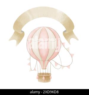 Pallone Air color rosa acquerello con cestino e pennant. Illustrazione dipinta a mano per bambini in stile cartone animato con nastro per testo. Velivolo d'epoca con aria calda per Baby Shower e carte per bambini. Foto Stock