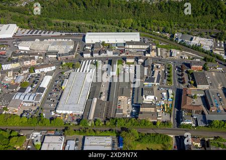 Vista aerea, zona industriale Berliner Straße, Haspe, Hagen, zona della Ruhr, Renania settentrionale-Vestfalia, Germania, foto aerea, zona industriale, Berliner St Foto Stock