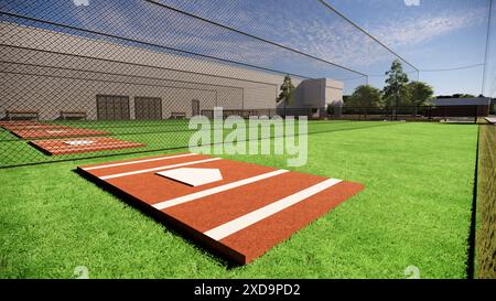 Rappresentazione 3D di gabbie di battuta all'aperto per baseball e softball Foto Stock