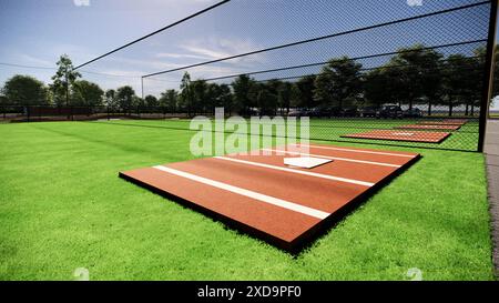 Illustrazione 3D di gabbie di baseball e softball posizionate all'aperto Foto Stock