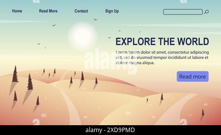 Modello di landing page Time to Travel Parkland naturale. Turismo di Yellowstone e attività ricreative all'aperto. Bellissimo paesaggio naturale piatto cartone animato 2d Flat Ban Illustrazione Vettoriale