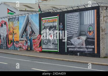 Belfast, Regno Unito 21/06/2024 murale dell'Irish Republican Prisoners' Welfare Association sul muro internazionale accanto ai murales della solidarietà della Palestina Belfast Irlanda del Nord Credit:HeadlineX/Alamy Live News Foto Stock