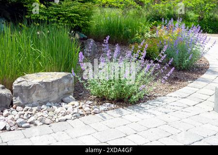 Lussuosi giardini a bassa manutenzione in un condominio. Vengono utilizzate rocce fluviali, armature in pietra e piante di facile manutenzione. Foto Stock