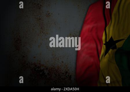 Carino inno Day flag 3d illustrazione - immagine scura della bandiera del Ghana con grandi pieghe su metallo arrugginito con spazio vuoto per i contenuti Foto Stock