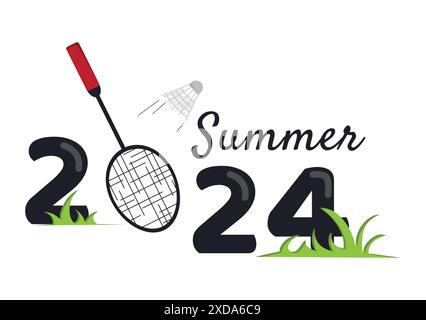 Estate 2024. Giochi olimpici estivi. Torneo di badminton. Illustrazione vettoriale luminosa con racchetta e rubinetto Illustrazione Vettoriale