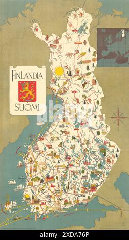 Finlandia - Suomi. Mappa di poster illustrativi di viaggio vintage vintage, risalente al 1949 Foto Stock