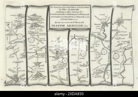 Gloucester-Cheltenham-Stratford-Warwick-Coventry. GARDNER Road MAP #70 1719 Foto Stock