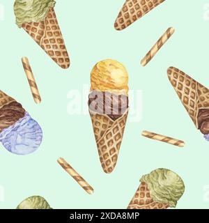 Coni per cialde con gelato retrò con motivo senza cuciture. Colori pastello Acquerello clipart di giallo, cioccolato, verde e blu. Design per stampa, tessile, scrapbooking, vestiti, carta da imballaggio Foto Stock