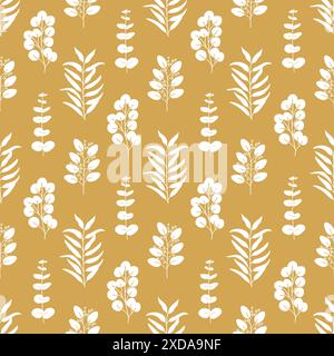 Motivo senza cuciture di salice, spirale, foglie di eucalipto del dollaro argentato con semi. Illustrazione vettoriale disegnata a mano Illustrazione Vettoriale