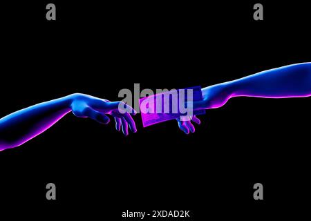 Mano a mano. Imitazione astratta della creazione di Adamo di Michelangelo. La mano di Dio dà la mano di Adamo cento dollari Bill in Neon Light Foto Stock
