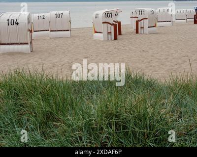 Fila di sdraio sulla spiaggia, tra le dune erbose in primo piano, sullo sfondo il mare, eckernfoerde, schleswig-holstein, germania Foto Stock