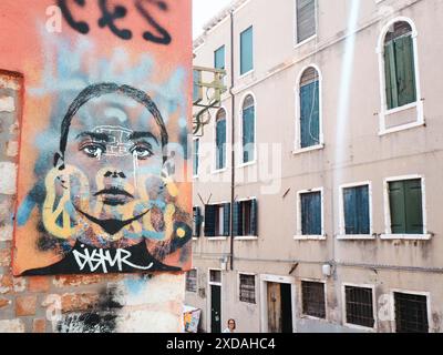 Un colorato murale di graffiti con un ritratto è esposto in una strada urbana, Venezia, Italia, 30 giugno 2020 Foto Stock