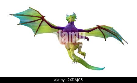 illustrazione in 3d di un drago in vari colori con ampie ali e una lunga coda rivolta in avanti su uno sfondo bianco. Foto Stock