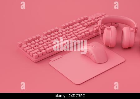 Configurazione ordinata dell'ufficio domestico con gadget tecnologici come tastiera, mouse e cuffie wireless su sfondo monocromatico Foto Stock