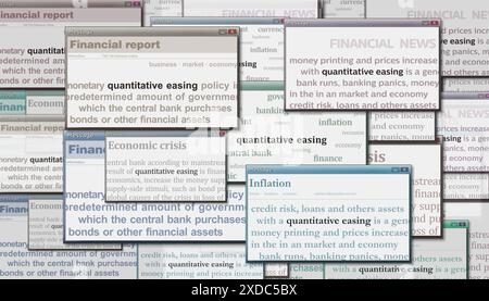 Quantitative easing la politica monetaria della banca centrale è un titolo di notizie sui media internazionali. Concetto astratto di titoli di notizie su display rumorosi. Glitc. TV Foto Stock