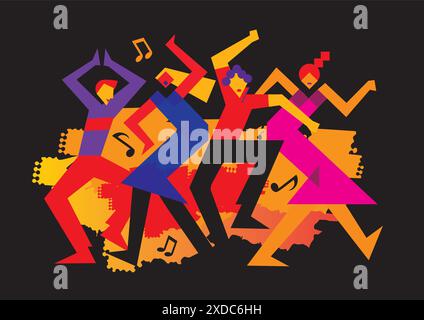 Due coppie danzanti, festa di danza folle, cartone animato. Illustrazione stilizzata astratta di ballerini disco. Isolato su sfondo nero. Vettore disponibile. Illustrazione Vettoriale
