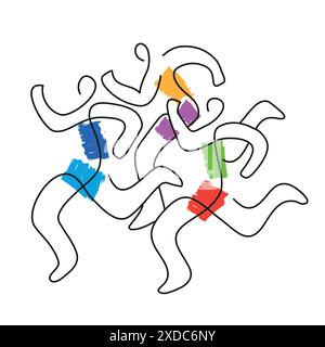 Corsa, maratona, jogging, line art stilizzati. Illustrazione stilizzata di tre piloti in corsa. Progettazione di disegni a linea continua. Isolato su b bianco Illustrazione Vettoriale
