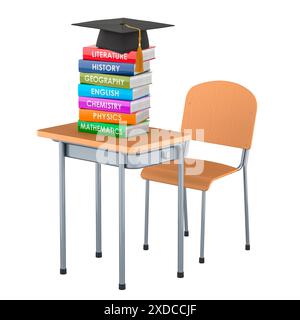 Scrivania per la scuola con una pila di libri di testo e cappello per la laurea. Rendering 3D isolato su sfondo bianco Foto Stock