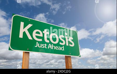 Ketosis poco più avanti, cartello con la Green Road su Clouds e Blue Sky. Foto Stock