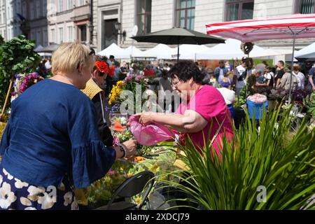 Riga, Lettonia. 21 giugno 2024. Una donna vende fiori al festival di mezza estate Ligo Market a riga, in Lettonia, il 21 giugno 2024. Il festival annuale di mezza estate Ligo Market ha aperto qui il venerdì, in cui agricoltori e artigiani di tutta la Lettonia vendono specialità come pane rurale, formaggio, tè tradizionale, miele, torte fatte a mano e cappellini. Crediti: Edijs Palens/Xinhua/Alamy Live News Foto Stock