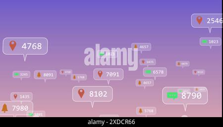 Immagine delle icone dei social media che fluttuano su sfondo viola sfumato Foto Stock
