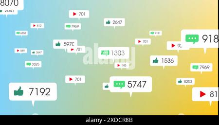 Immagine delle icone dei social media che fluttuano su sfondo giallo e blu sfumato Foto Stock