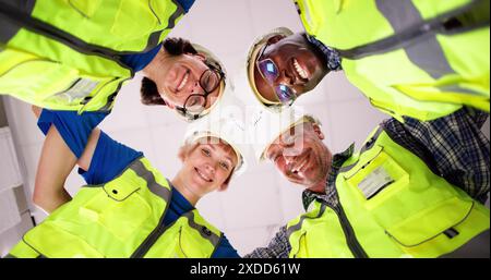 Team multiculturale di operai edili di Hardhats Making Huddle Foto Stock