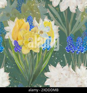 Un motivo intricato caratterizzato da vivaci fiori gialli, blu e bianchi su sfondo verde testurizzato. Arte digitale per la stampa su tessuto e carta. Foto Stock