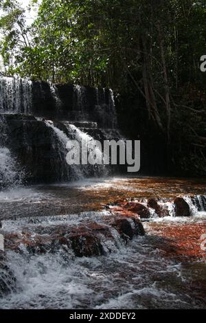 Cascata di Jasper Creek, Quebrada de Jaspe, con letto rosso di gemma di jasper, Gran Sabana, Venezuela Foto Stock