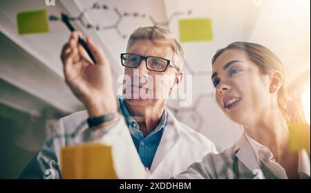 Scienziati, appunti e ricerca con pianificazione, scrittura e innovazione per esperimenti o discussioni in laboratorio. Uomo, donna e parete di vetro con Foto Stock