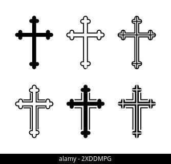 Set croce cattolica, silhouette di simbolo religioso cristiano, collezione di forme iconiche. Emblema del contorno. Illustrazione Vettoriale