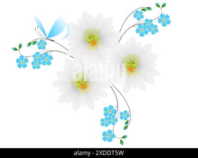 Sfondo con fiori bianchi e blu e farfalla. Illustrazione Vettoriale