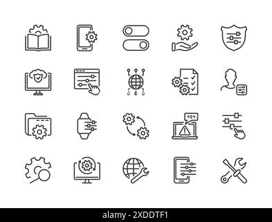 Semplice set di impostazioni, riparazioni e impostazioni. Icone ingranaggio, cacciavite e linea chiave. Supporto tecnico, Impostazioni e Opzioni relative al set di icone della linea vettoriale Illustrazione Vettoriale