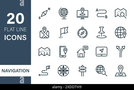 Icone della linea di navigazione e della mappa. Icone navigazione, posizione strada, linea di destinazione. Mappa, puntatore, pin, GPS, bussola, Geo Location, Traffic and Tourism Illustrazione Vettoriale