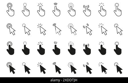 Fare clic con il mouse su gruppo di cursori. Fare clic sull'icona. Puntatore del mouse impostato. Freccia e cursore a mano. Icone della linea del cursore. Traccia modificabile. Illustrazione vettoriale Illustrazione Vettoriale