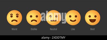 Feedback Scale Service with Emotion Icons. Tasso di esperienza utente con scala di feedback. Yellow Emoji per il feedback dei clienti. Peggio, antipatia, neutrale, tipo Illustrazione Vettoriale