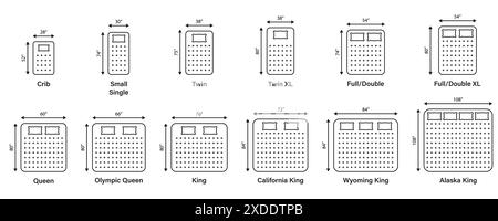 Dimensioni del materasso e del letto. Misure dimensionali per culla, piccola singola, doppia, completa o matrimoniale, letto queen size e letto king size. Materasso diverso Illustrazione Vettoriale