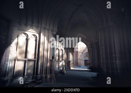 La luce del sole illumina l'ingresso di un'antica cattedrale gotica di Santa Sofia (Moschea Selimiye). Nicosia, Cipro Foto Stock