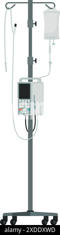 Pompa flebo IV e IV su un supporto, isolata: Concetto di apparecchiature mediche e sanitarie Illustrazione Vettoriale