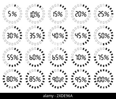 Serie circolare di indicatori di percentuale timer con intervalli ciascuno del 5% in uno stile numerico analogico retrò isolato su sfondo bianco Illustrazione Vettoriale