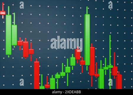 Tabella tridimensionale con candelabro rosso e verde. Concetto di trading. illustrazione 3d. Foto Stock