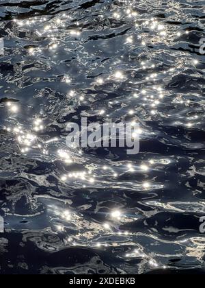 Primo piano dell'acqua blu del lago con increspature che riflettono e brillano sotto la calda luce del sole in una splendida giornata estiva. Foto Stock