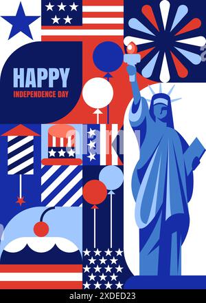 Poster verticale, striscione, biglietto d'auguri, stampa del giorno dell'indipendenza degli Stati Uniti. 4 luglio sfondo geometrico con bandiera americana, Statua della libertà e. Illustrazione Vettoriale