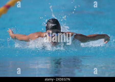 Roma, Italia. 22 giugno 2024. Tessa Giele dei Paesi Bassi gareggia nei 100m Butterfly Women Heats durante il 60° Settecolli Swim Meeting allo stadio del nuoto di Roma, 22 giugno 2024. Crediti: Insidefoto di andrea staccioli/Alamy Live News Foto Stock