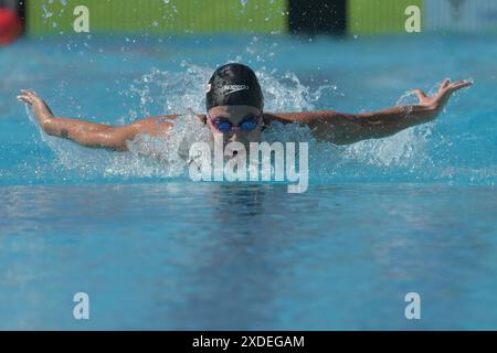 Roma, Italia. 22 giugno 2024. Tessa Giele dei Paesi Bassi gareggia nei 100m Butterfly Women Heats durante il 60° Settecolli Swim Meeting allo stadio del nuoto di Roma, 22 giugno 2024. Crediti: Insidefoto di andrea staccioli/Alamy Live News Foto Stock