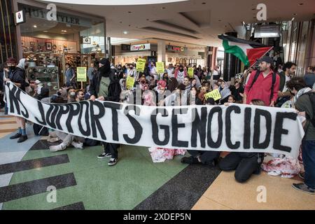 22 giugno 2024, Berlino, Germania: Un grande gruppo di manifestanti pro-Palestina si è riunito per una protesta non registrata presso il centro commerciale ALEXA Berlin vicino ad Alexanderplatz il 22 giugno 2024, chiedendo alla Siemens di smettere di sostenere ciò che definivano genocidio a Gaza. I manifestanti hanno alzato cartelli e bandiere e gridato slogan, tra cui: "Dal fiume al mare, la Palestina sarà libera," "Israele è uno Stato terrorista," "c'è una sola soluzione, la rivoluzione dell'intifada," e "vogliamo il 48". La polizia arrivò sulla scena in pochi minuti, ma rimase inizialmente passiva, osservando la protesta Foto Stock