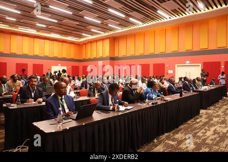 Kigali, Ruanda. 21 giugno 2024. I partecipanti partecipano a un seminario sullo sviluppo dell'agricoltura Cina-Africa a Kigali, Ruanda, 21 giugno 2024. A SEGUIRE il "Seminario sulle strategie di sviluppo agricolo Cina-Africa per migliorare la produzione alimentare" crediti: Ji li/Xinhua/Alamy Live News Foto Stock