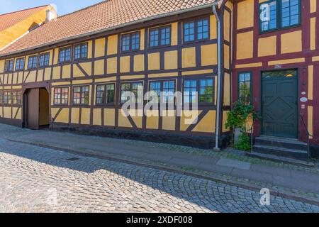 Città vecchia di Nyborg, casa restaurata in legno, facciata, dormitorio, scalini alla porta, due file di finestre, marciapiede, strada, stabilimento, Fyn, Fyn Foto Stock